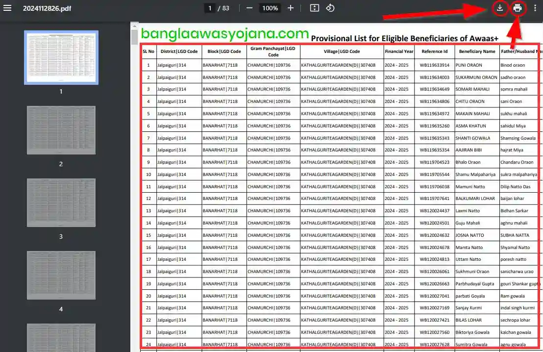 Bangla Awas Yojana list PDF Download