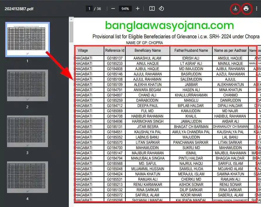 Uttar Dinajpur Bangla Awas Yojana list PDF Download